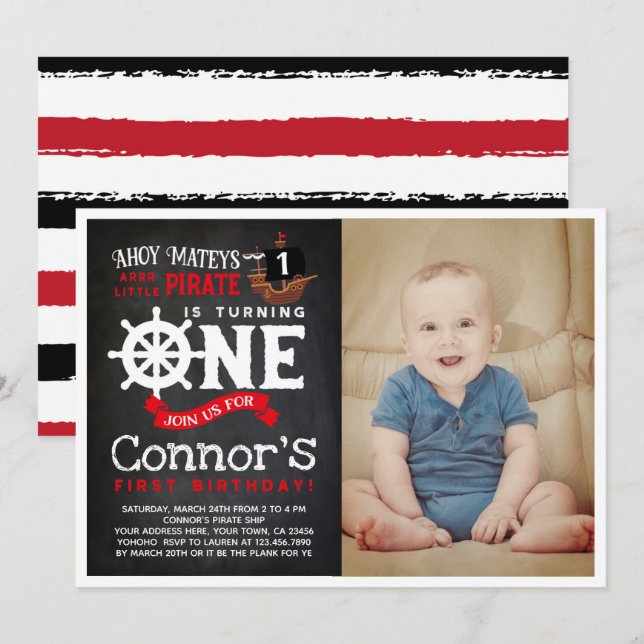 Pirate Primeiro Convite de Aniversário com Foto (Frente/Verso)