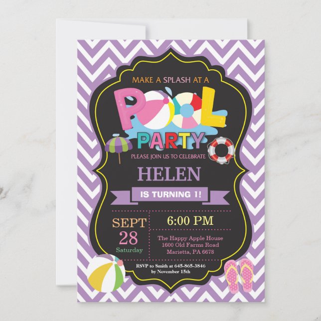 Piscina Convite de festas Roxo Splash Girl (Frente)