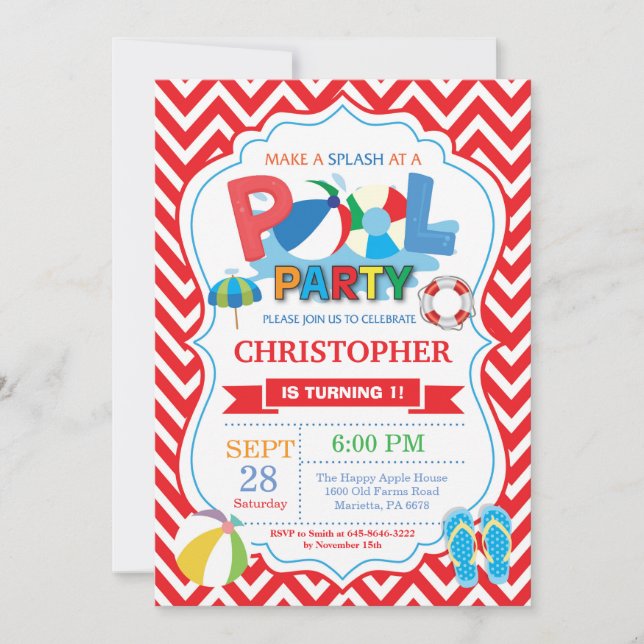 Piscina Convite de festas Vermelho Splash Boy (Frente)