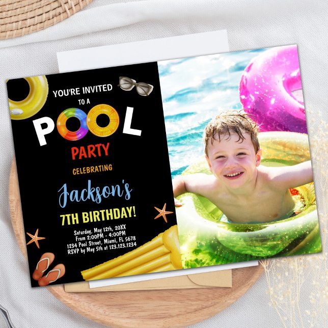 Piscina de Foto Azul Amarelo Preto Convites de Ani (Black Yellow Blue Photo Pool Birthday Invitations)