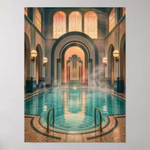 Piscina Térmica Art Déco ao Amanhecer Poster 12x16
