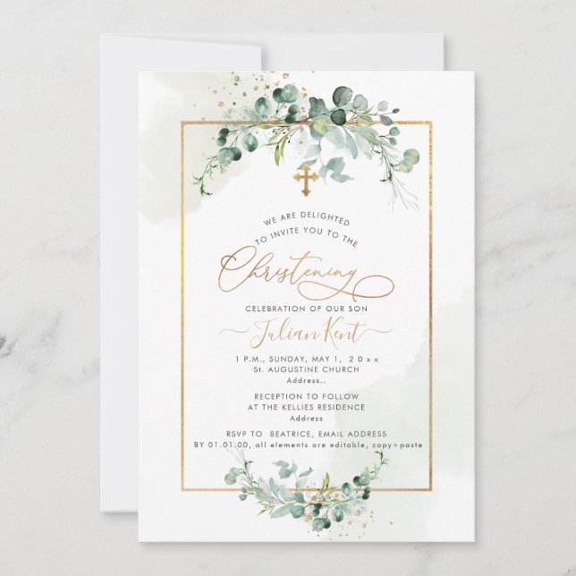 PixDezines H2 Eucalyptus Christening Convite (Frente)