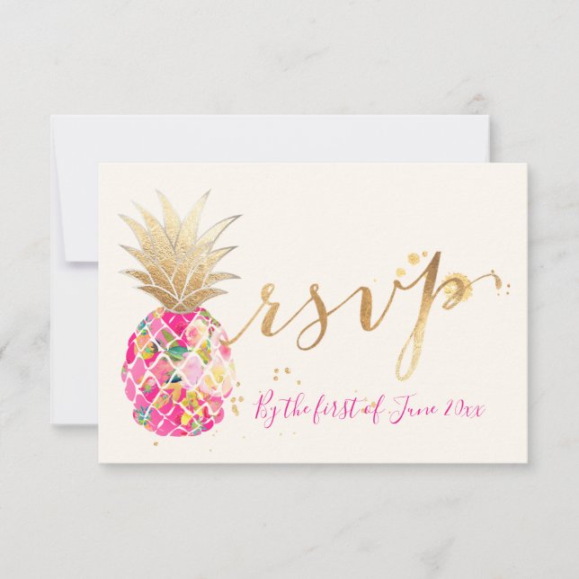 PixDezines RSVP Aloha Ananás Rosa/Script Dourado (Frente)
