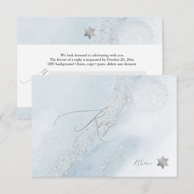 PixDezines RSVP Azul Empoeirado Mitzvah ✡ (Frente/Verso)