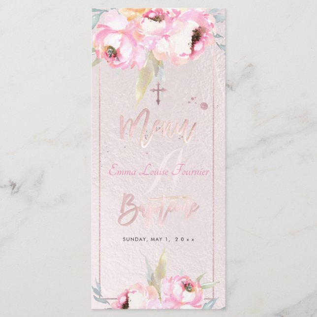 PixDezines Watercolor Peonies Baptême Menu Francês (Frente)