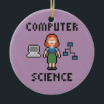 Pixel Computer Science - Female - Ornamento Círcul<br><div class="desc">Ilustração em estilo de 8 bits mostrando uma cientista computacional,  um computador e um fluxograma.</div>