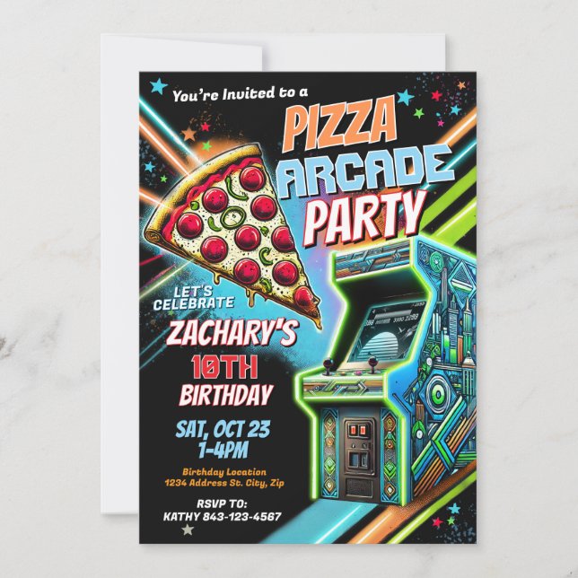 Pizza Arcade Party - Convite para Crianças (Frente)