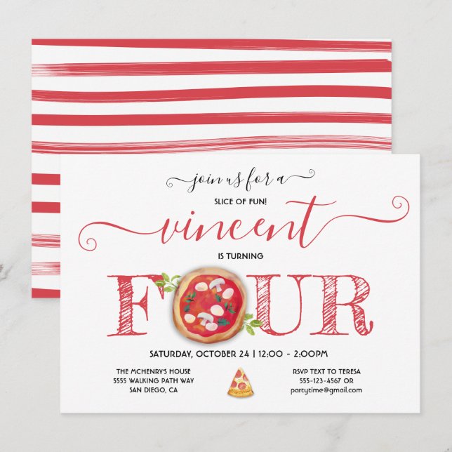 Pizza Party 4º Aniversário do Convite Moderno (Frente/Verso)