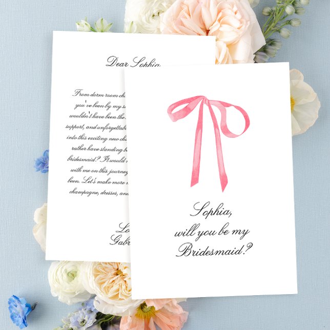 Placa Bridesmaid do Arco de Fita Rosa Coquette Ele (Elegant Pink Ribbon Bridesmaid card)
