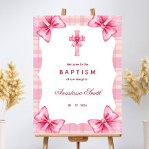Placa de Boas-Vindas de Batismo com Laço Rosa Eleg