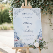 Placa de Boas-Vindas de Casamento Floral Azul Empo