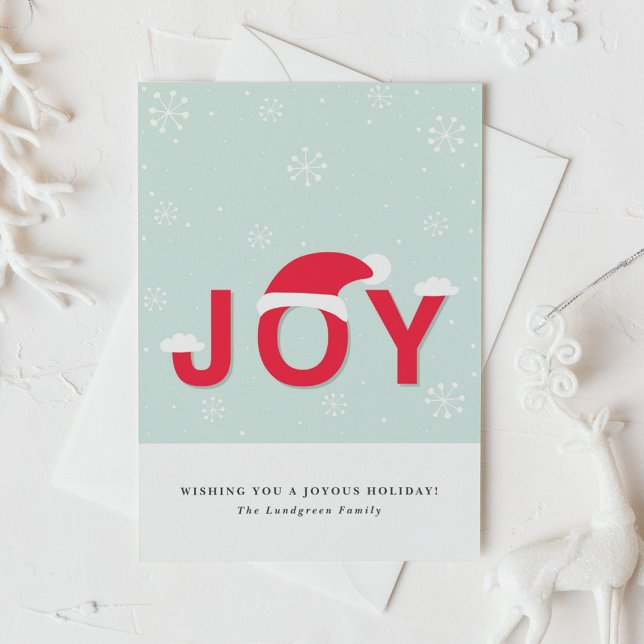 Placa de Cartões de natal de Joy da Neve Mint (This holiday card design showcases the word “JOY” in lettering, playfully topped with a Santa hat.)