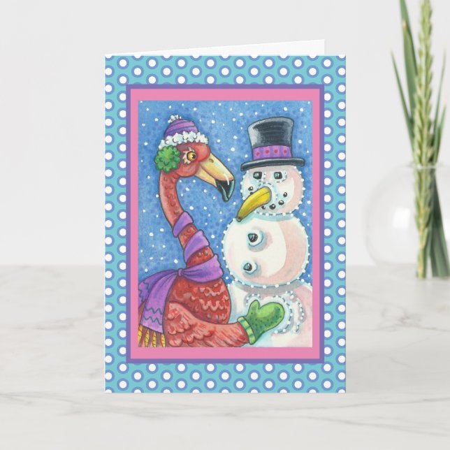PLACA DE CARTÕES DE NATAL DE PINK FLAMINGO SNOWMAN (Frente)