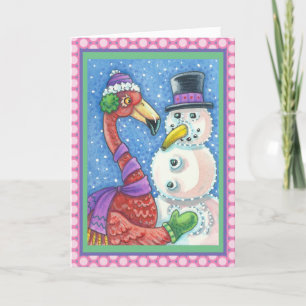 PLACA DE CARTÕES DE NATAL DE PINK FLAMINGO SNOWMAN