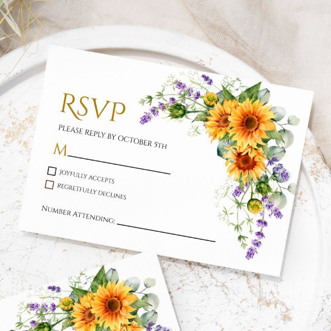 Placa de Casamento RSVP de Girassóis e Lavandas Ru (Criador carregado)