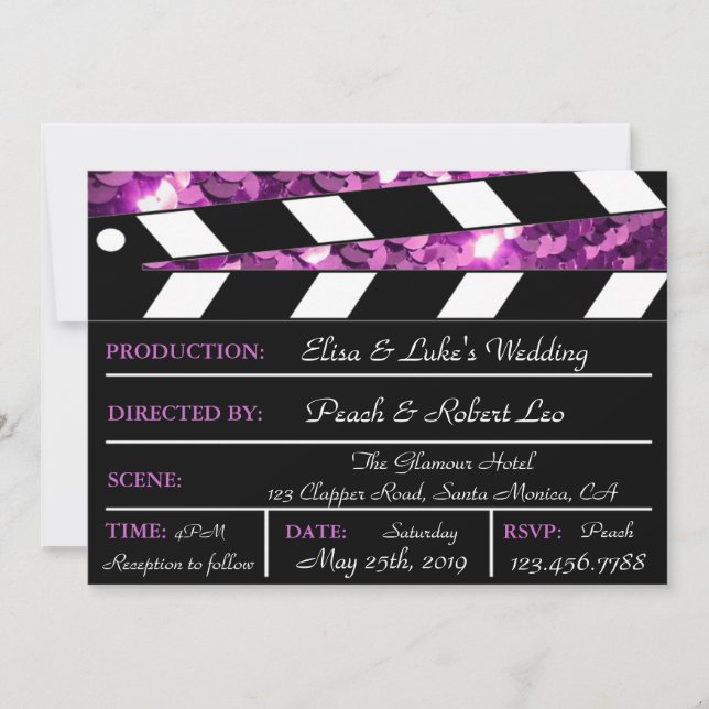 Placa de Clap Glamour Roxo Convite de Casamento (Frente)