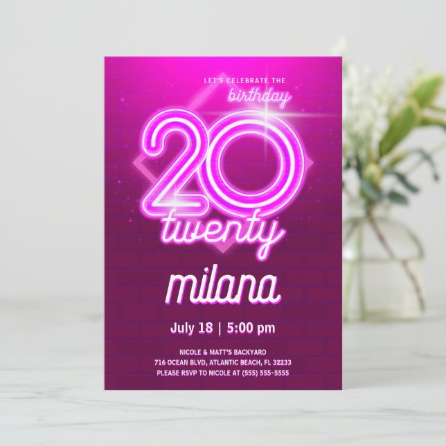 Placa de Convite de aniversário Neon-20 rosa (Em pé/Frente)