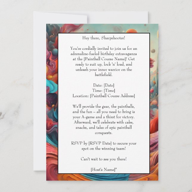 Placa de Convite de aniversário Paintball (Verso)