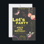 Placa de Convite de aniversário Trendy 18th<br><div class="desc">Prepare-se para festejar com este na moda e a divertida placa de convite de aniversário 18! Projetado com um fundo negro ousado, texto amarelo neon e delicados sotaques florais cor-de-rosa, este convite equilibra perfeitamente as vibrações verdes e femininas. Apresentando rabiscos brincalhões como balões, presentes, estrelas e uma mensagem de "Parabéns",...</div>