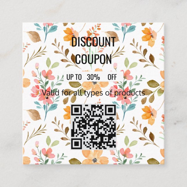 Placa de Cupom de Desconto Floral com Cód QR (Frente)