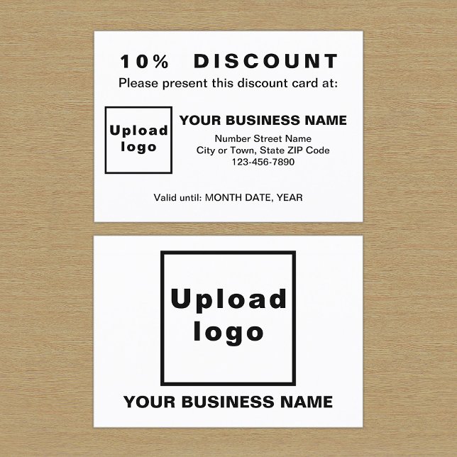 Placa de desconto de Design branco e preto para em (Front and back sides of white discount card for your business. Attract more customers or clients.)