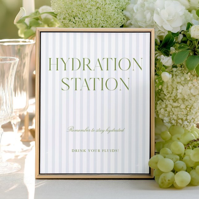 Placa de Estação de Hidratação em Listras Verde e  (Sage Green & Blue Stripe Hydration Station Sign)