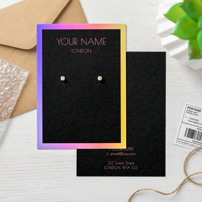 Placa de exibição de brinco preto simples. Frontei (Black simple earring display card. Colorful border.)