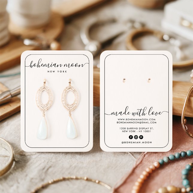 Placa de exibição de joias de script preto e branc (Modern black and white script jewelry display card)