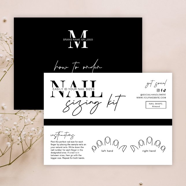 Placa de exibição do kit de dimensionamento de Unh (Minimalist nails sizing kit display cards in black & white with your brand info and order details)