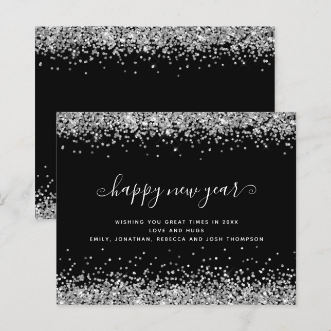 Placa de Feliz ano novo Preta Glitter de Prata Orç (Frente/Verso)