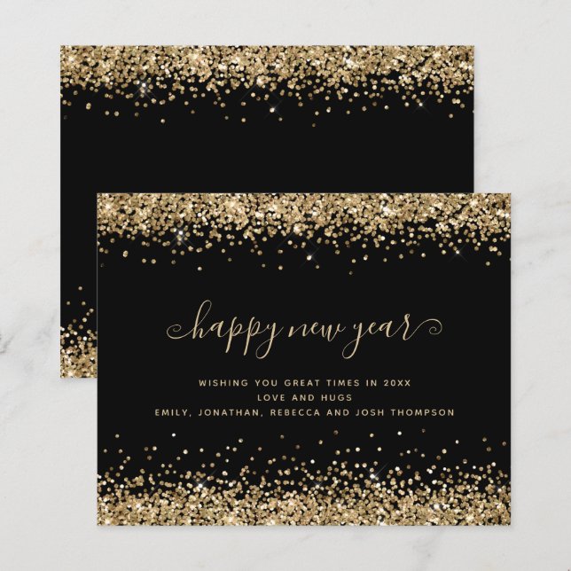 Placa de Feliz ano novo Preta Glitter Dourada de O (Frente/Verso)