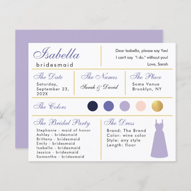 Placa de Informação Bridesmaid Lavanda Roxo Dourad (Frente/Verso)