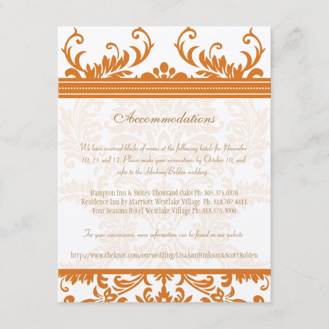 Placa de inserção de Casamento tema damasco laranj (Frente)