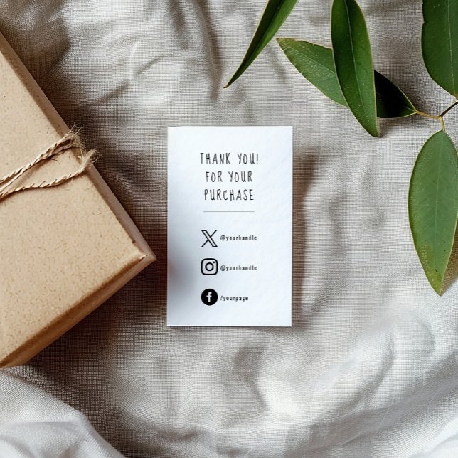 Placa de inserção de pedido preto e branco nas míd (White enclosure card with fun black text that says "THANK YOU FOR YOUR PURCHASE" and 3 social icons)
