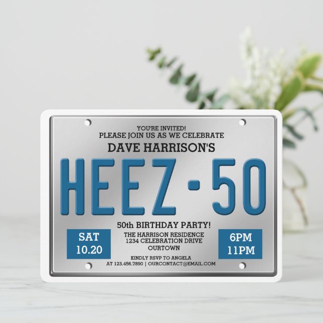 Placa de Licença Azul 50º Convites de aniversário (Em pé/Frente)