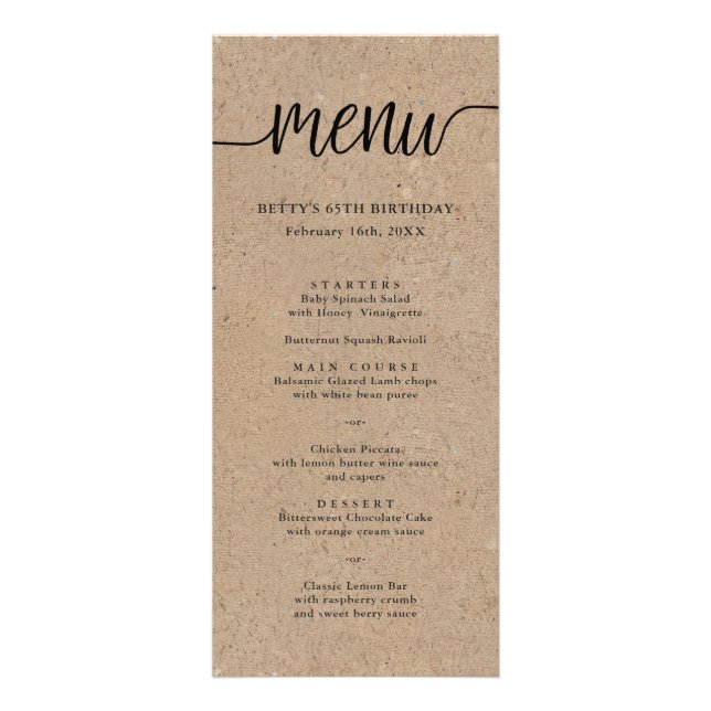 Placa de Menu Alto do Script Swash Kraft Rustic (Frente)