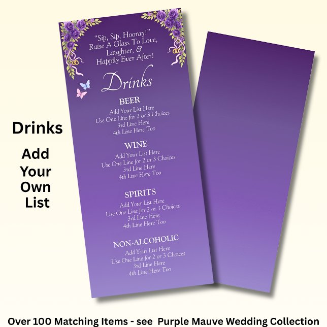 Placa de menu Bebidas - Flores de Mauve roxas e Br (Criador carregado)