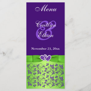 Placa de menu Corações, Floral Verde, Roxo