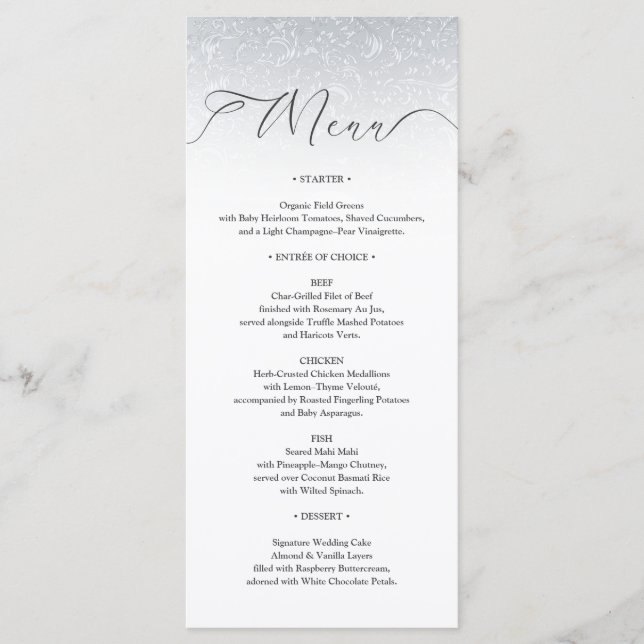 Placa de menu do Casamento tema damasco branco pra (Frente)