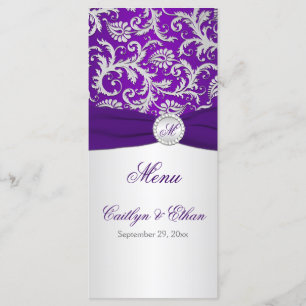 Placa de menu do monograma roxo e prata