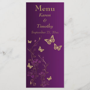 Placa de Menu Floral com Borboleta Roxa e Dourada