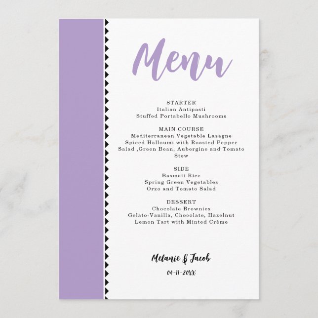 Placa de menu plana roxa da Lavanda moderna (Frente)