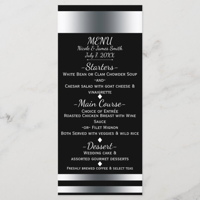 Placa de Menu Simples Elegante Silver e Preto (Frente)