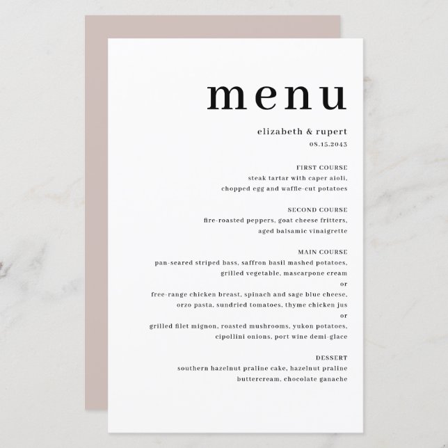 Placa de menu Tipografia Serif Script Serif Preta  (Frente/Verso)
