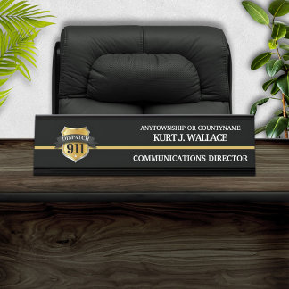 Placa De Mesa 911 Dispatcher Thin Dourado Line Shield Name Plate