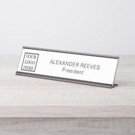 Placa De Mesa Adicione seu logotipo, preto e branco minimalista