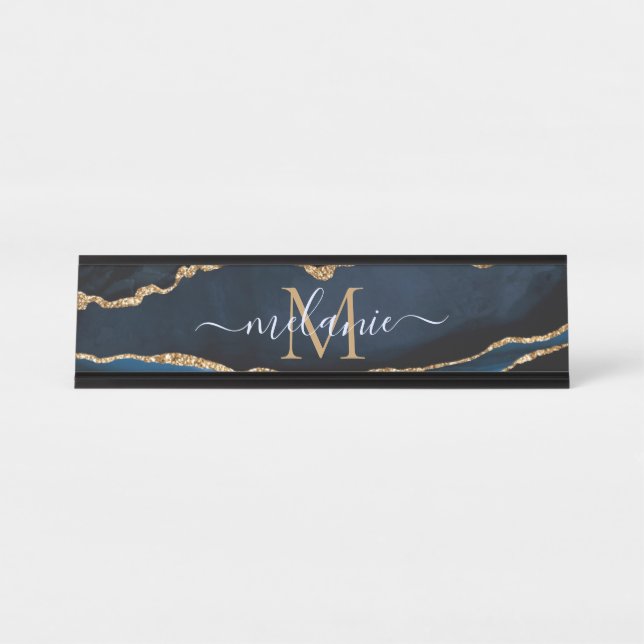 Placa De Mesa Agate Marinho Blue Gemstone Marble Monograma Nome (Frente)