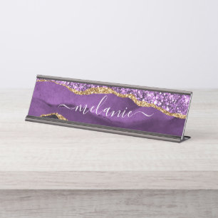 Placa De Mesa Age Violeta Roxa Dourada Glitter Geode Seu Nome