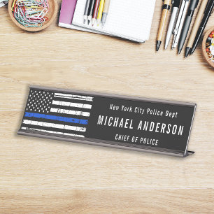 Placa De Mesa Agente Policial Thin Blue Line - Bandeira American