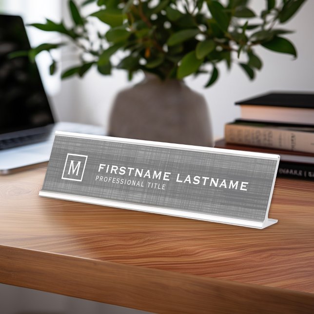 Placa De Mesa Aparência Masculina de Linho com Nome Título Monog (Professional Name Plate with Linen Background)